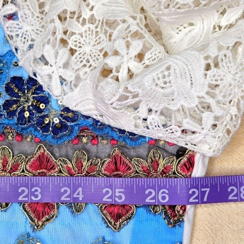 Berek Vintage White Denim Lace Sleeves Sequin Embroidered Boho Chic Jean Jacket - Picture 10 of 13